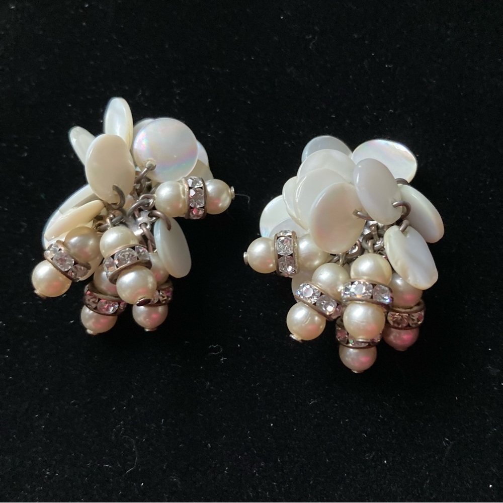Vintage Rhinestone, Mother of Pearl and Pearl Cluster Earrings